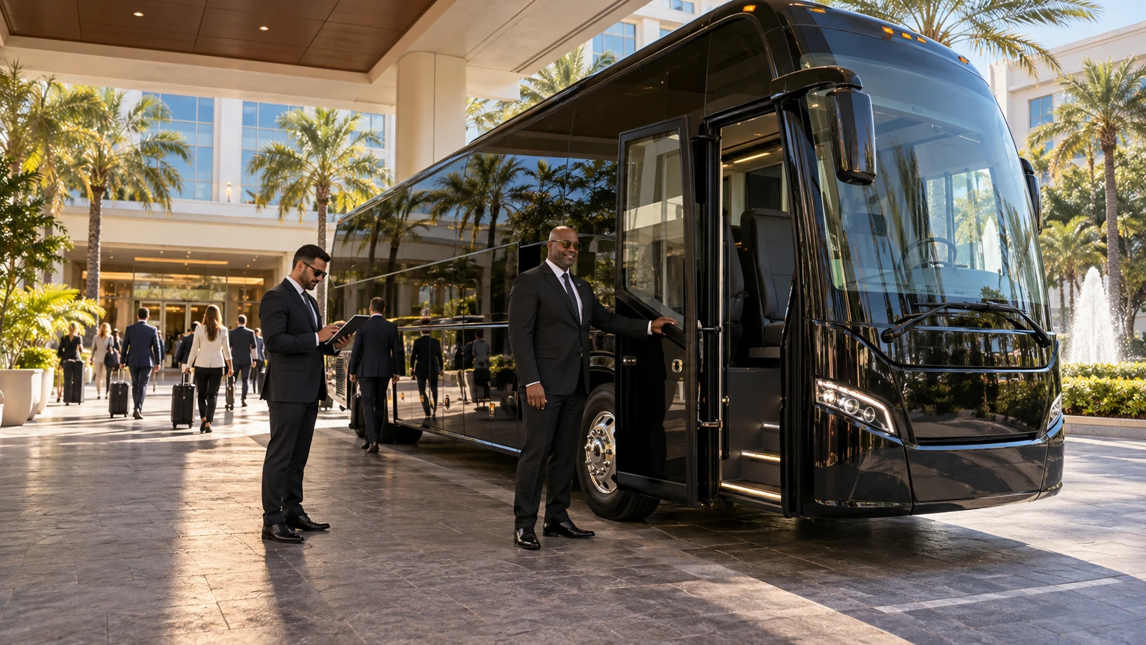 Professional chauffeur beside a corporate transport vehicle