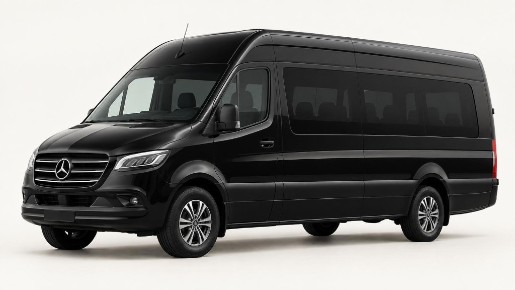 Black Mercedes-Benz Sprinter with its manufacturer emblem visible