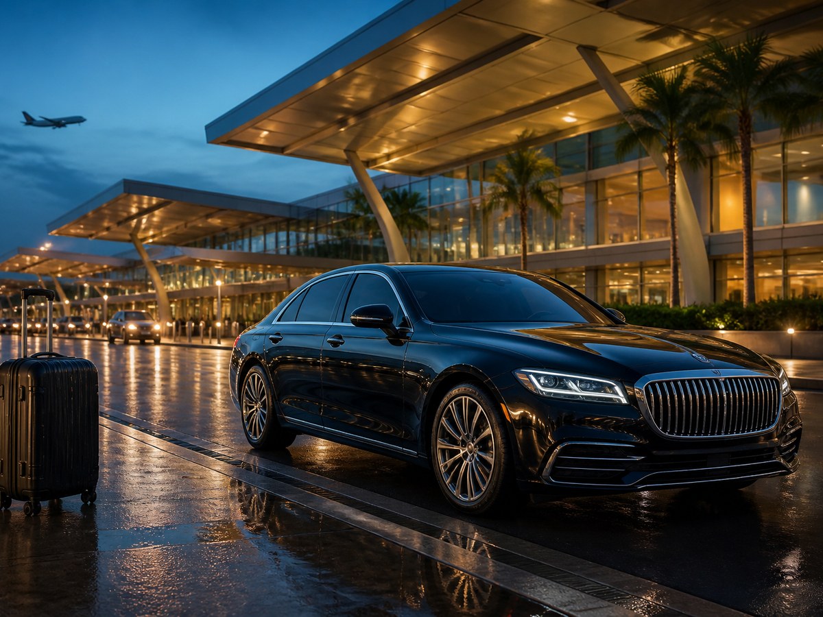 Black luxury sedan at an airport curb with a suitcase