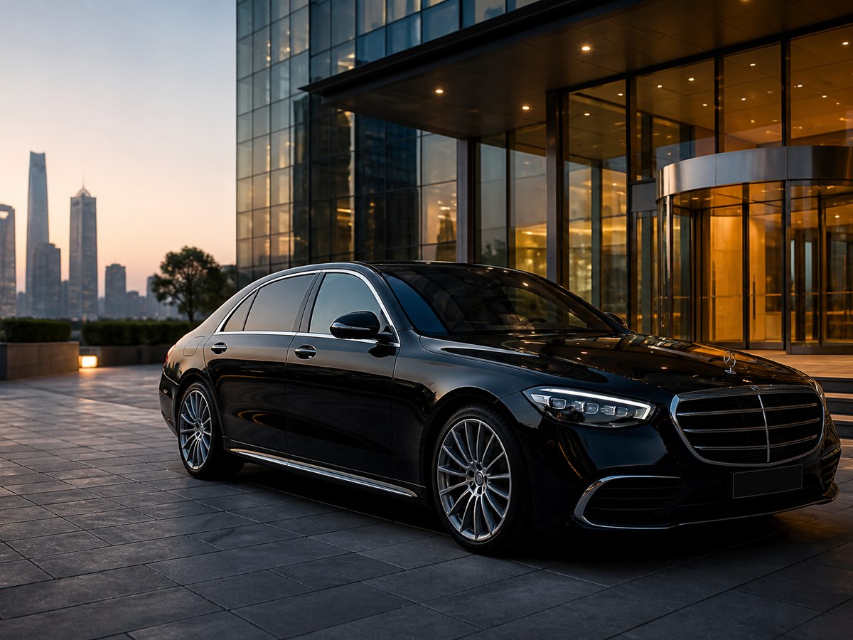 Executive stepping into a sedan outside an office building
