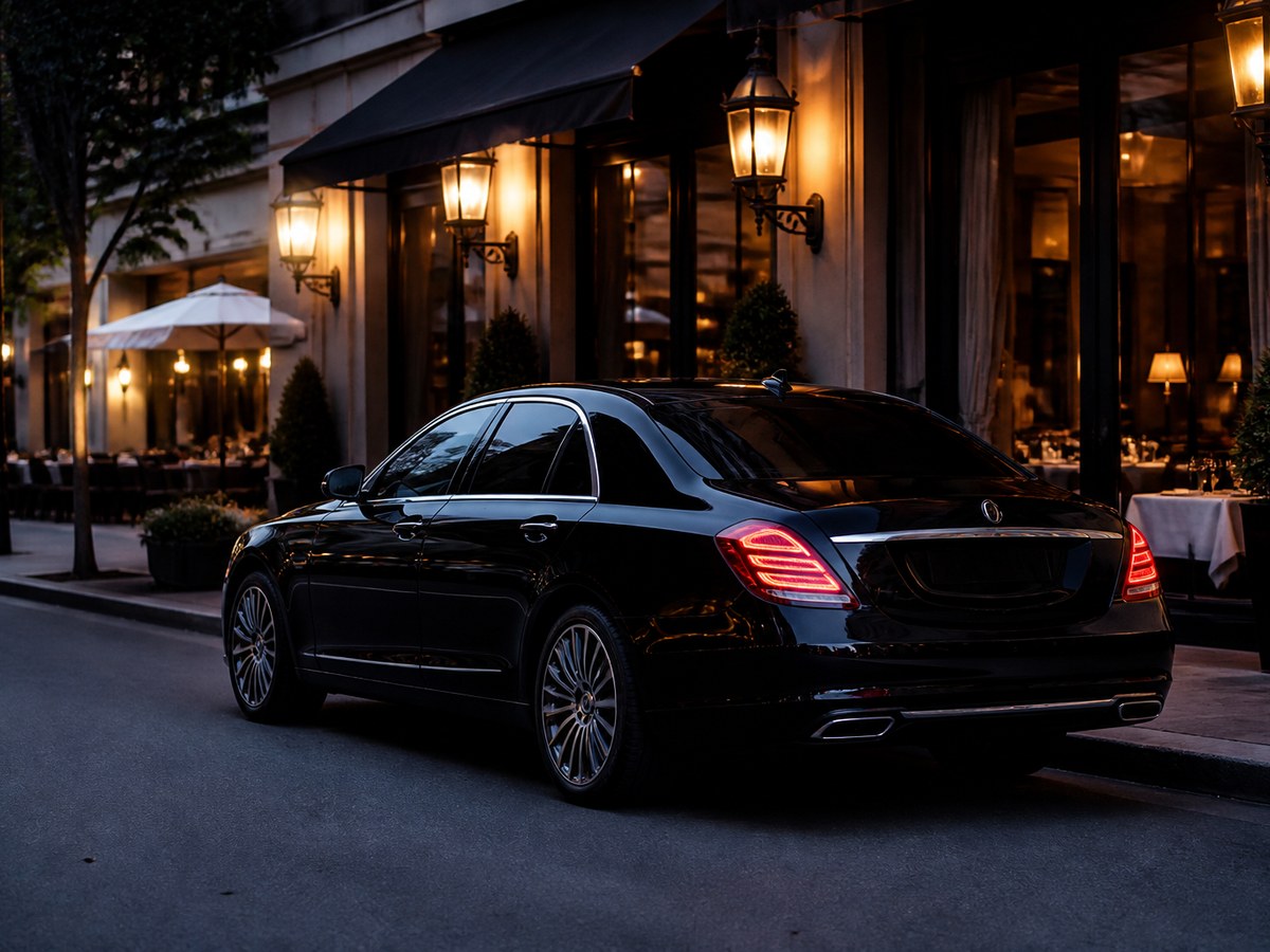 Sedan outside an upscale restaurant entrance