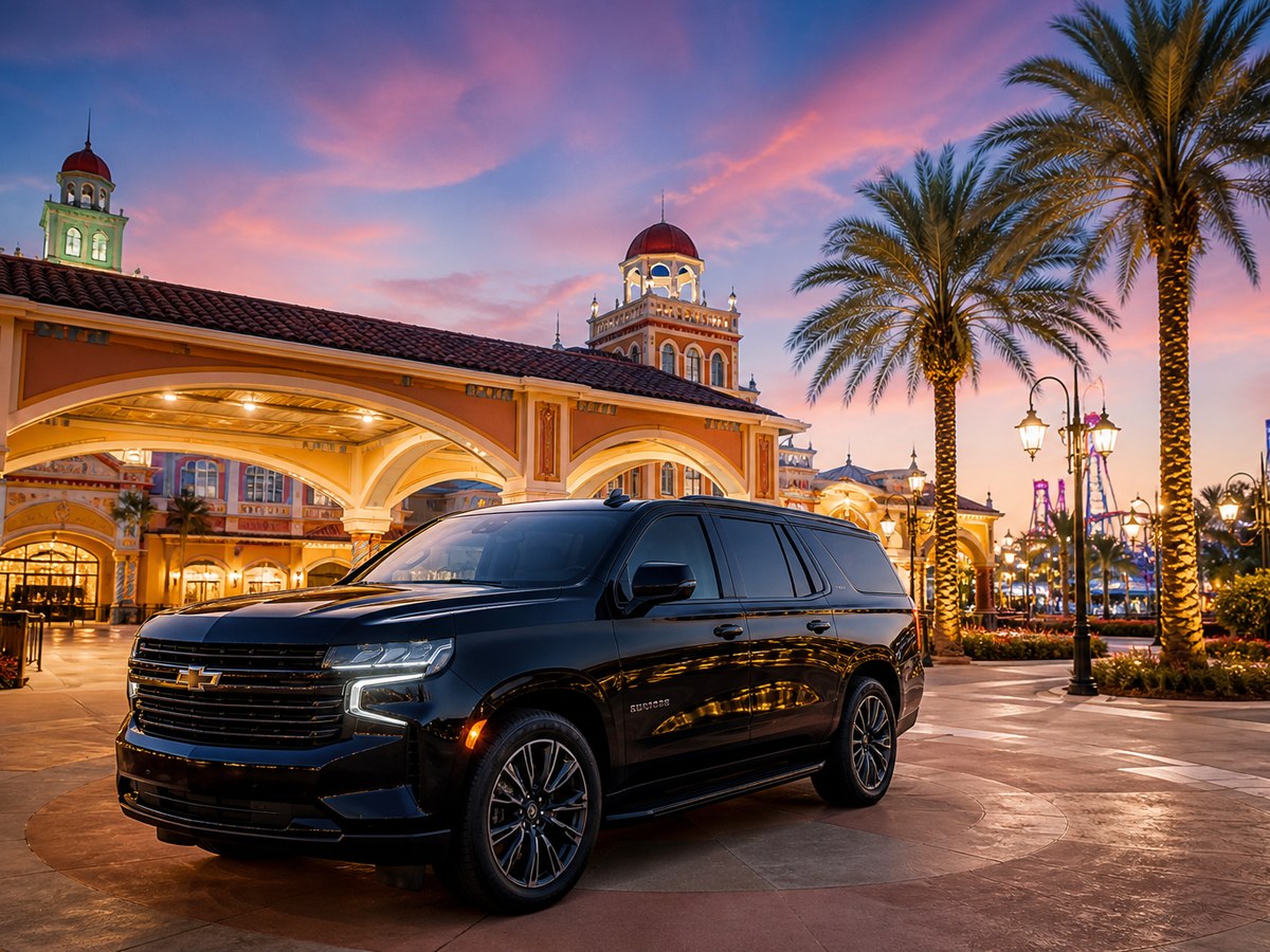 SUV outside a theme park entrance gate