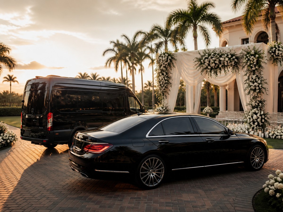 Black sedan and van at an outdoor wedding venue